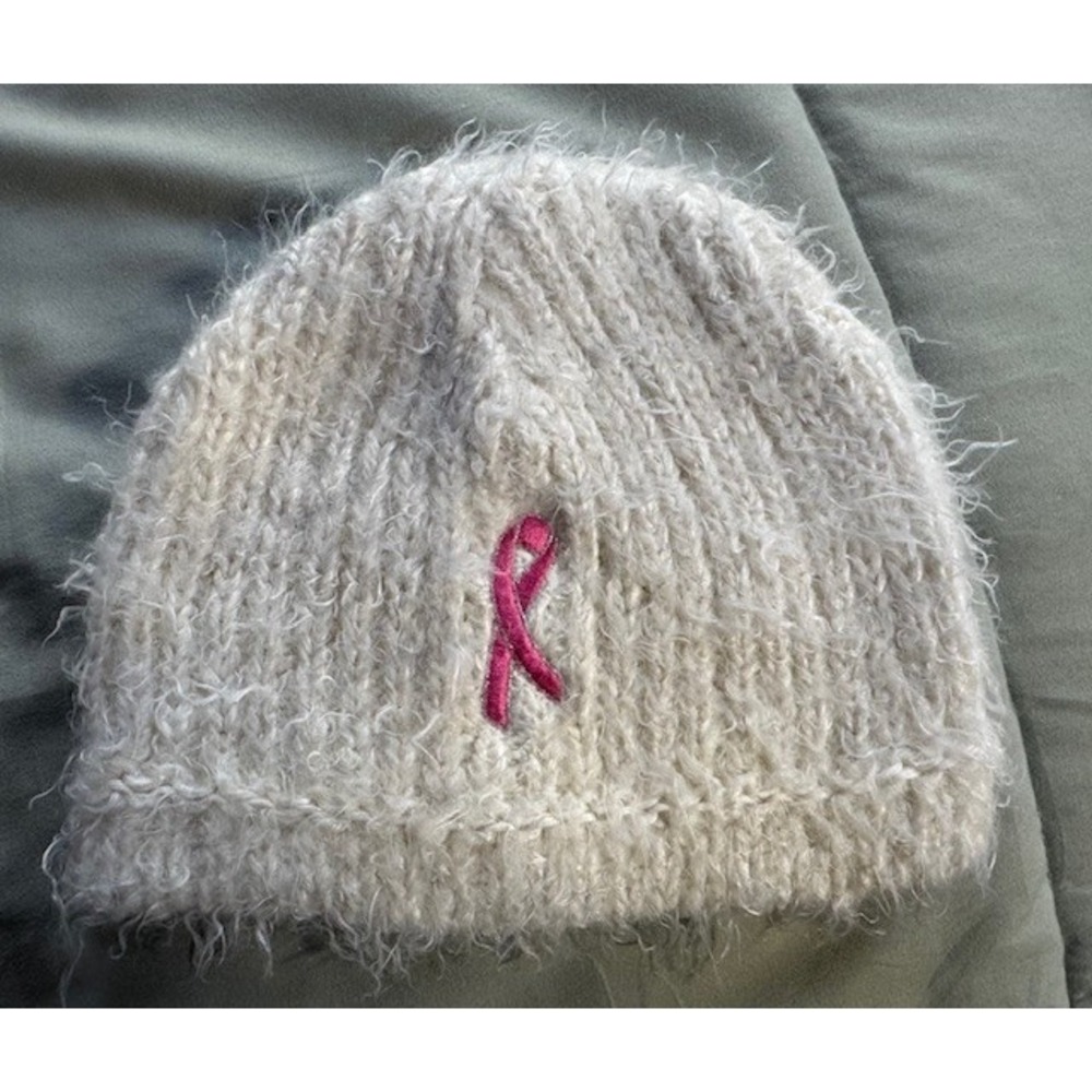 Women's Columbia White Fuzzy Beanie Cap Hat Pink Ribbon‎ Breast Cancer OSFM